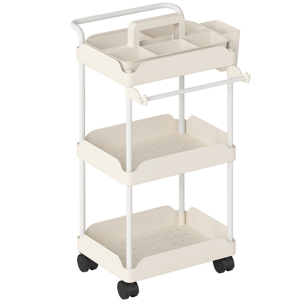 Homcom carrinho auxiliar com rodas de 3 níveis, carrinho de cozinha com cestos removíveis, rodas com travão, suporte para toalhas e estrutura de metal, para sala de jantar, sala de estar, casa de banho e escritório, branco