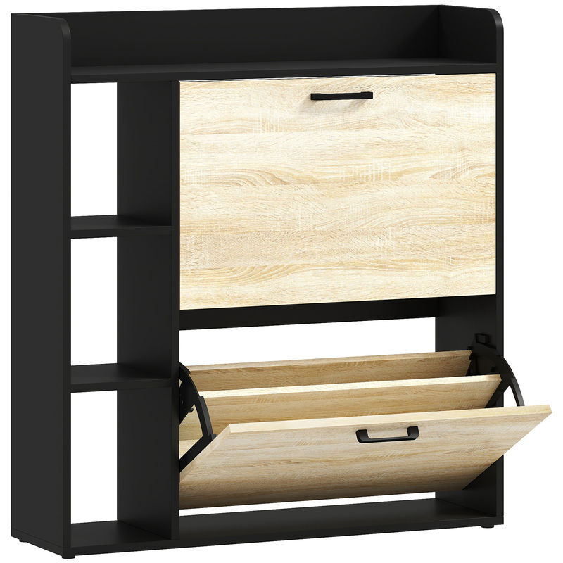 Homcom sapateira estreita 2 portas sapateira para entrada corredor com 3 étagères laterais e étagères ajustáveis para 15 pares de sapatos para corredor espaço reduzido 83x24x90,5 cm madeira e noir