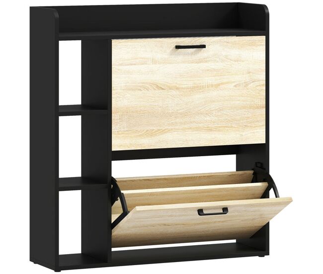 Homcom sapateira estreita 2 portas sapateira para entrada corredor com 3 étagères laterais e étagères ajustáveis para 15 pares de sapatos para corredor espaço reduzido 83x24x90,5 cm madeira e noir