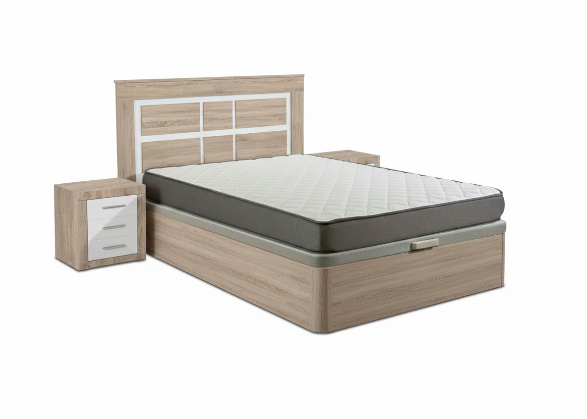 Conjunto de cama box cambria de 135 cm + colchão + cabeceira e 2 mesas de cabeceira, cambria e branco