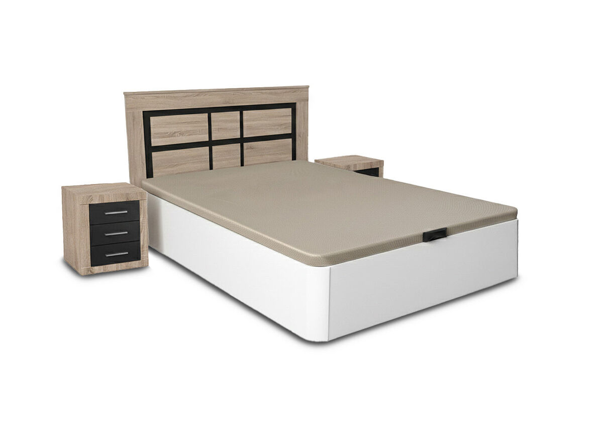 Conjunto de cama box branca de 150 cm + cabeceira e 2 mesas de cabeceira em cambria e grafite