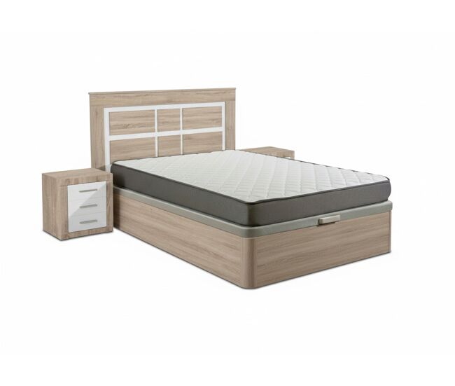 Conjunto de cama box cambria de 150 cm + colchão + cabeceira e 2 mesas de cabeceira, cambria e branco