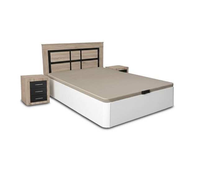 Conjunto de cama box branca de 135 cm + cabeceira e 2 mesas de cabeceira em cambria e grafite