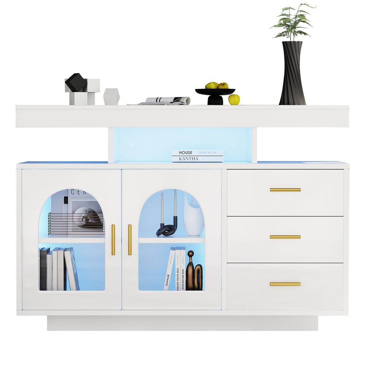 Aparador led 120 cm - buffet com 16 cores de luz, armário com gavetas, blanc