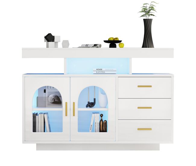 Aparador led 120 cm - buffet com 16 cores de luz, armário com gavetas, blanc