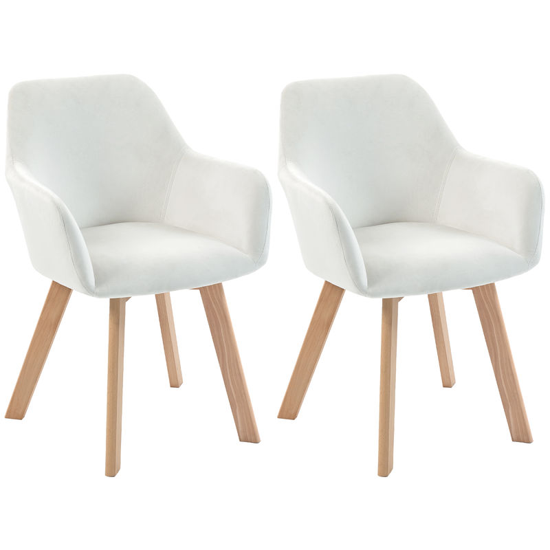 Homcom conjunto de 2 cadeiras de jantar modernas estofadas em veludo com encosto braços e pernas de madeira suporta 120 kg para sala quarto 54x57x80 cm creme