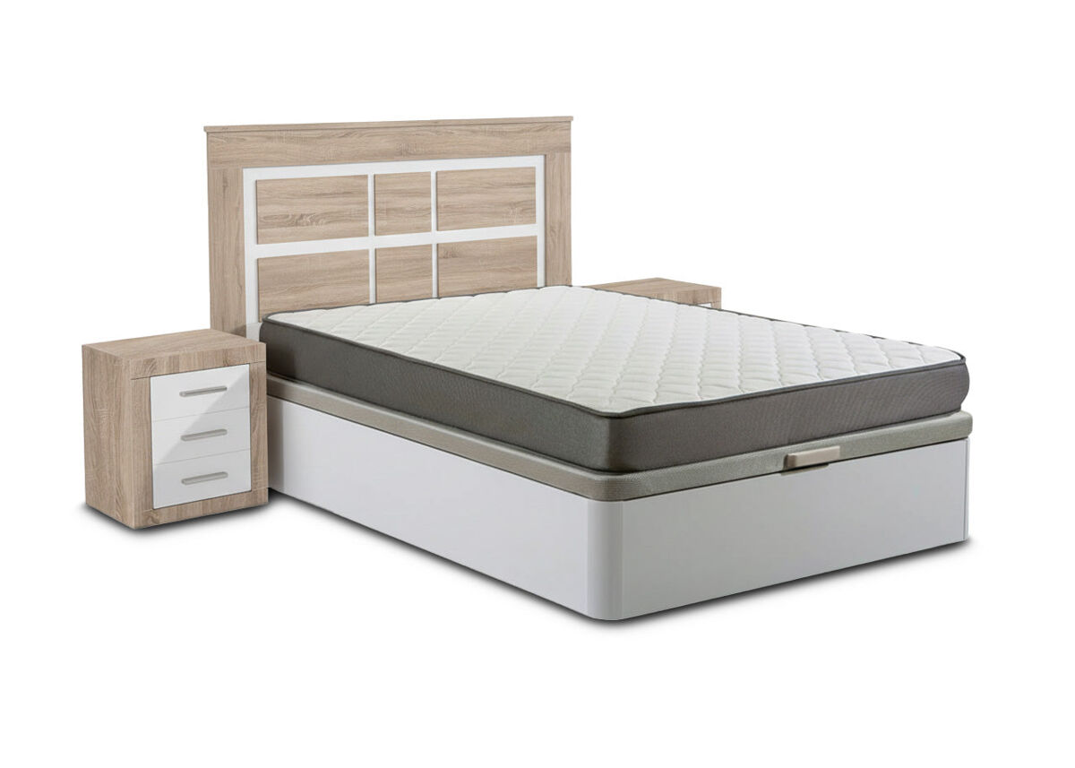Conjunto de cama com estrado, branco, 150 cm + colchão + cabeceira e 2 mesas de cabeceira, cambria e branco