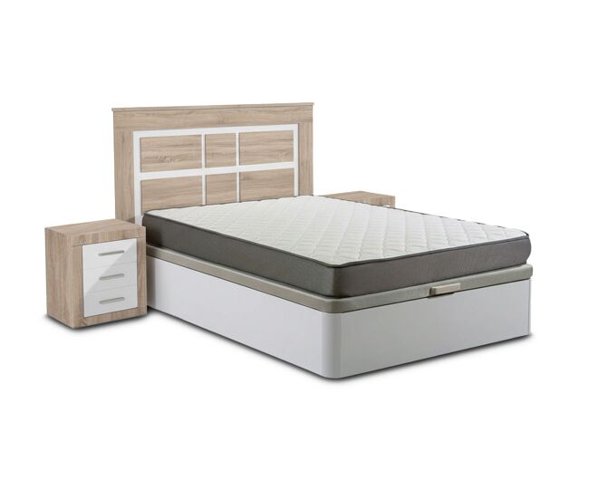 Conjunto de cama com estrado, branco, 150 cm + colchão + cabeceira e 2 mesas de cabeceira, cambria e branco