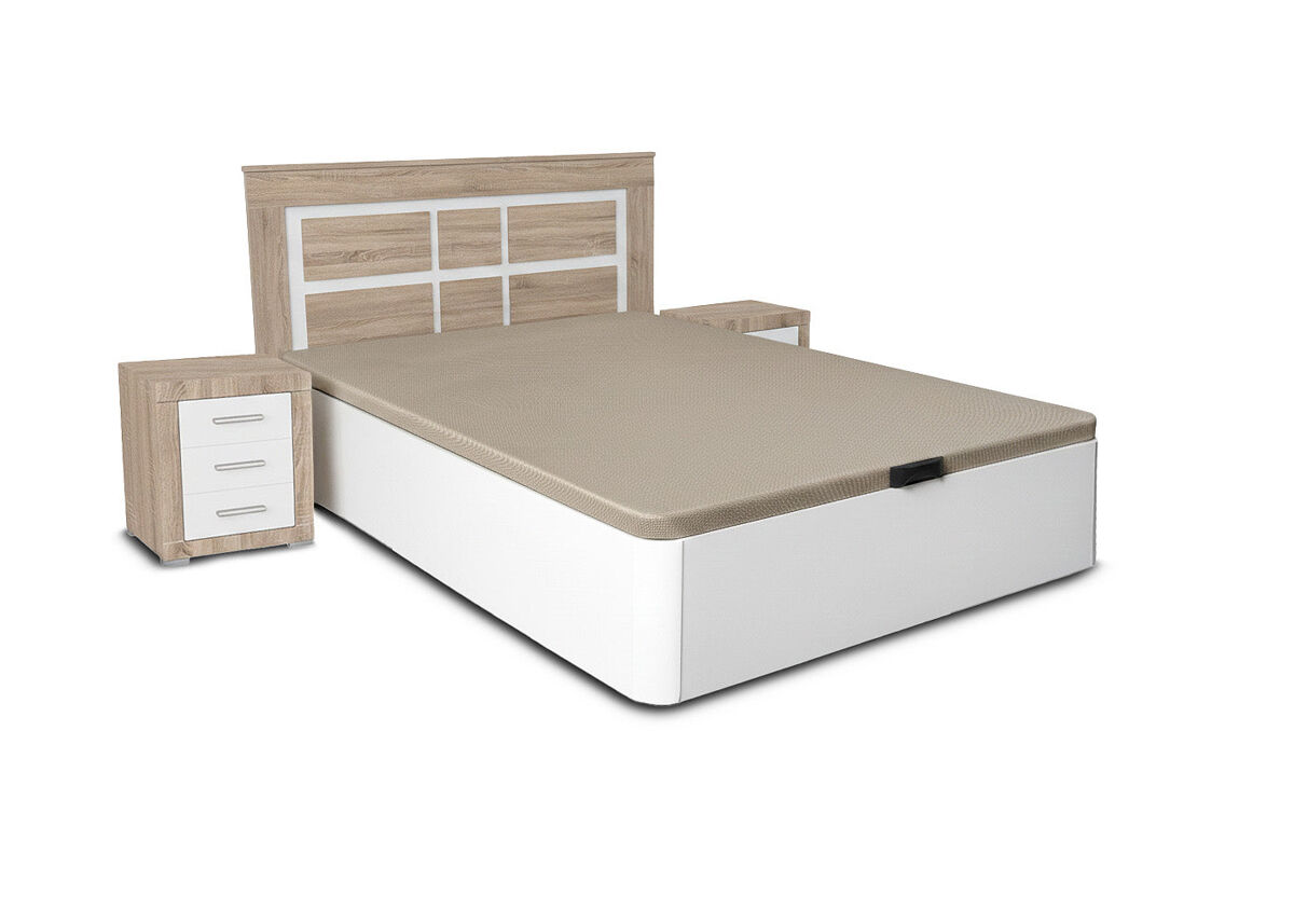 Conjunto de cama box de 150 cm branca com cabeceira e 2 mesas de cabeceira em cambria e branco.