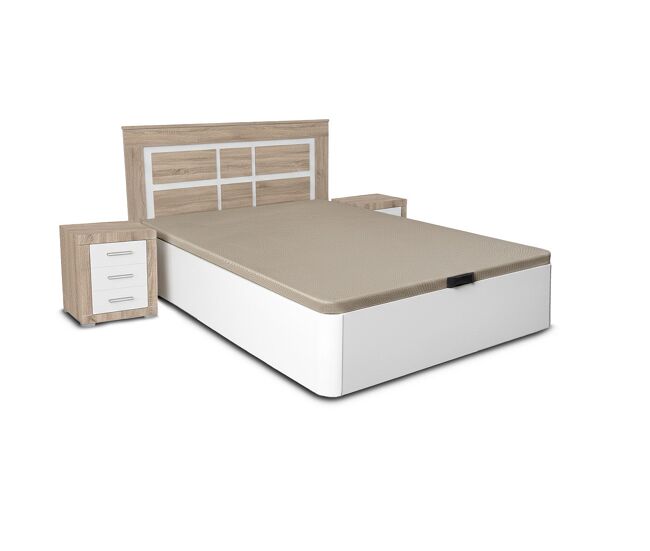 Conjunto de cama box de 150 cm branca com cabeceira e 2 mesas de cabeceira em cambria e branco.