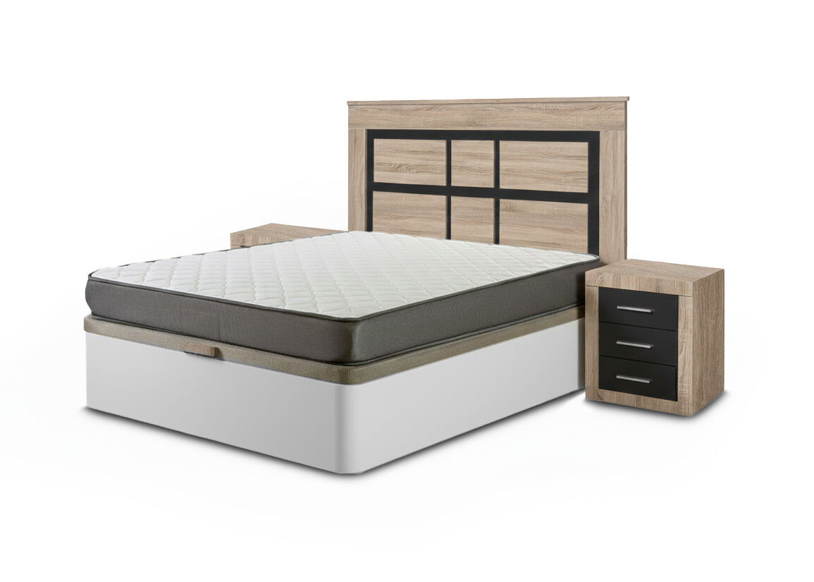 Conjunto de cama box, branco, 150 cm + colchão + cabeceira e 2 mesas de cabeceira, cambria e grafite