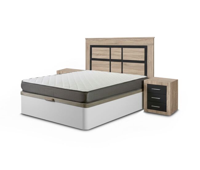 Conjunto de cama box, branco, 150 cm + colchão + cabeceira e 2 mesas de cabeceira, cambria e grafite