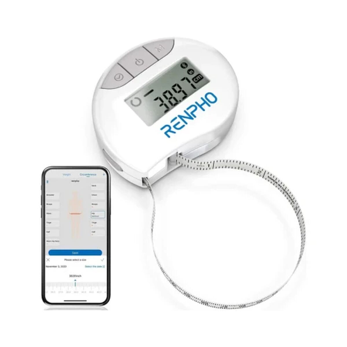 Renpho fita métrica inteligente bluetooth bmf01 com ecrã lcd e app, pilhas incluídas