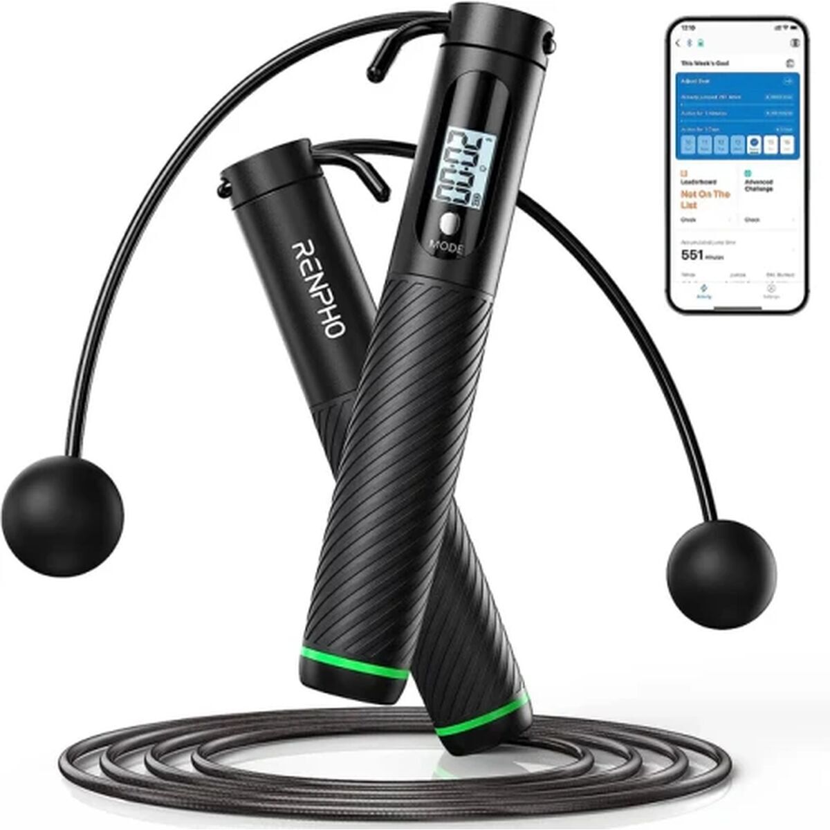Renpho corda de pular inteligente smart jump rope preta, comprimento ajustável, sem fio