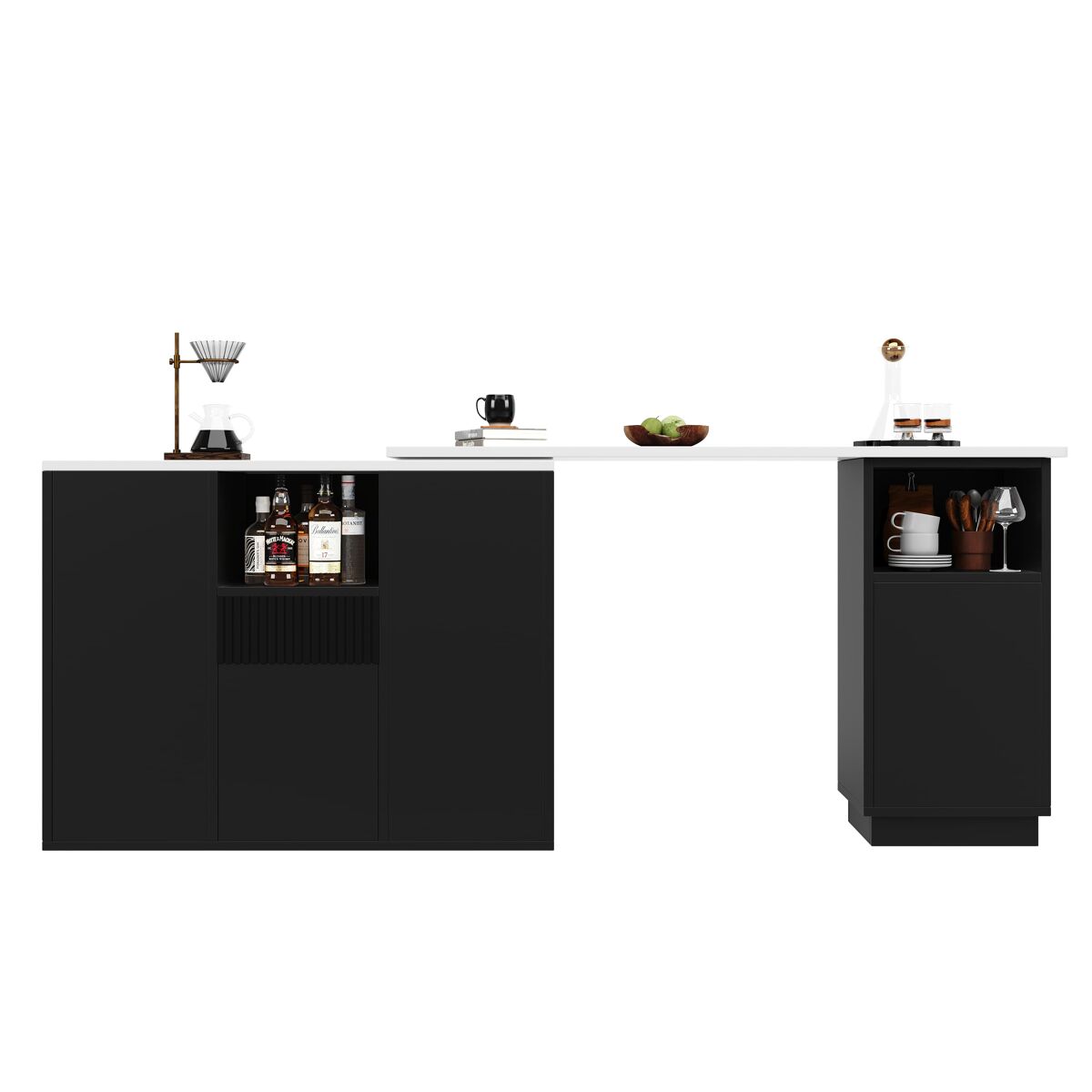 Mesa de bar giratória 360° 210x30x100,9 cm - design moderno, armazenamento aberto, tampo em mármore - preta