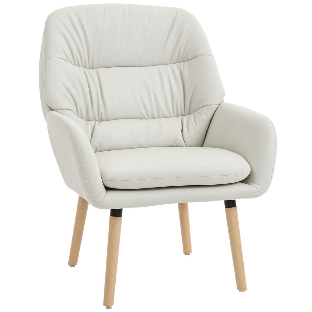Homcom poltrona de sala de estar moderna acolchoada de dupla camada estofada em couro sintético pés de madeira 68x74x89 cm creme