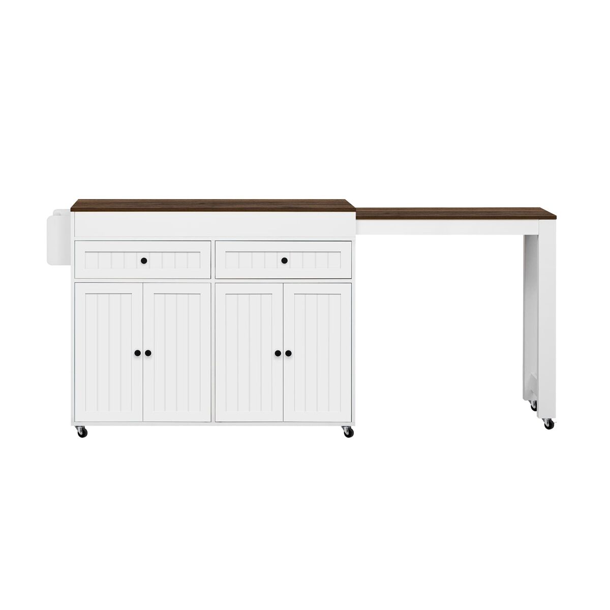 Ilha de cozinha móvel 112-180,5×45×92,2 cm - com área de jantar extensível, com bancada e gavetas - branco + nogueira