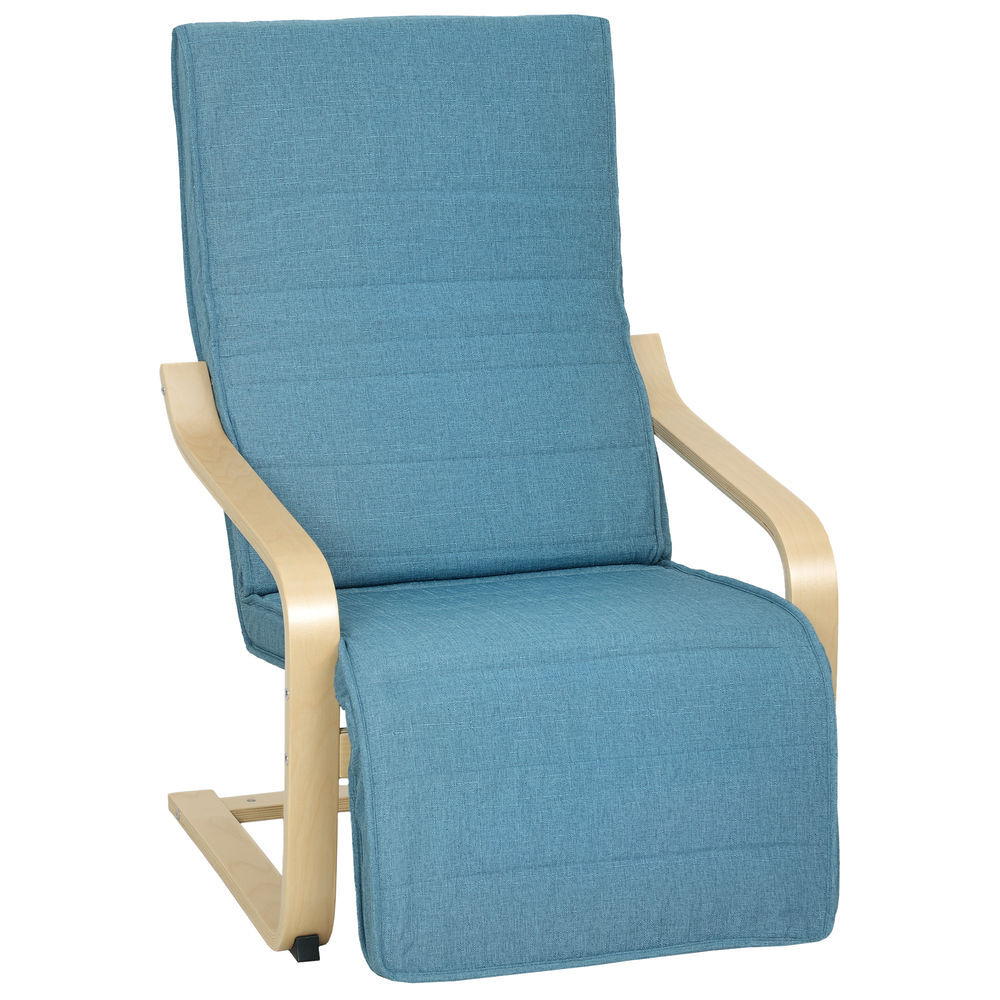 Homcom poltrona de sala de estar com apoio para os pés ajustáveis poltrona para dormitório estofada em tecido com estrutura de madeira carga 120 kg para escritório estúdio 66,5x94x100 cm bleu