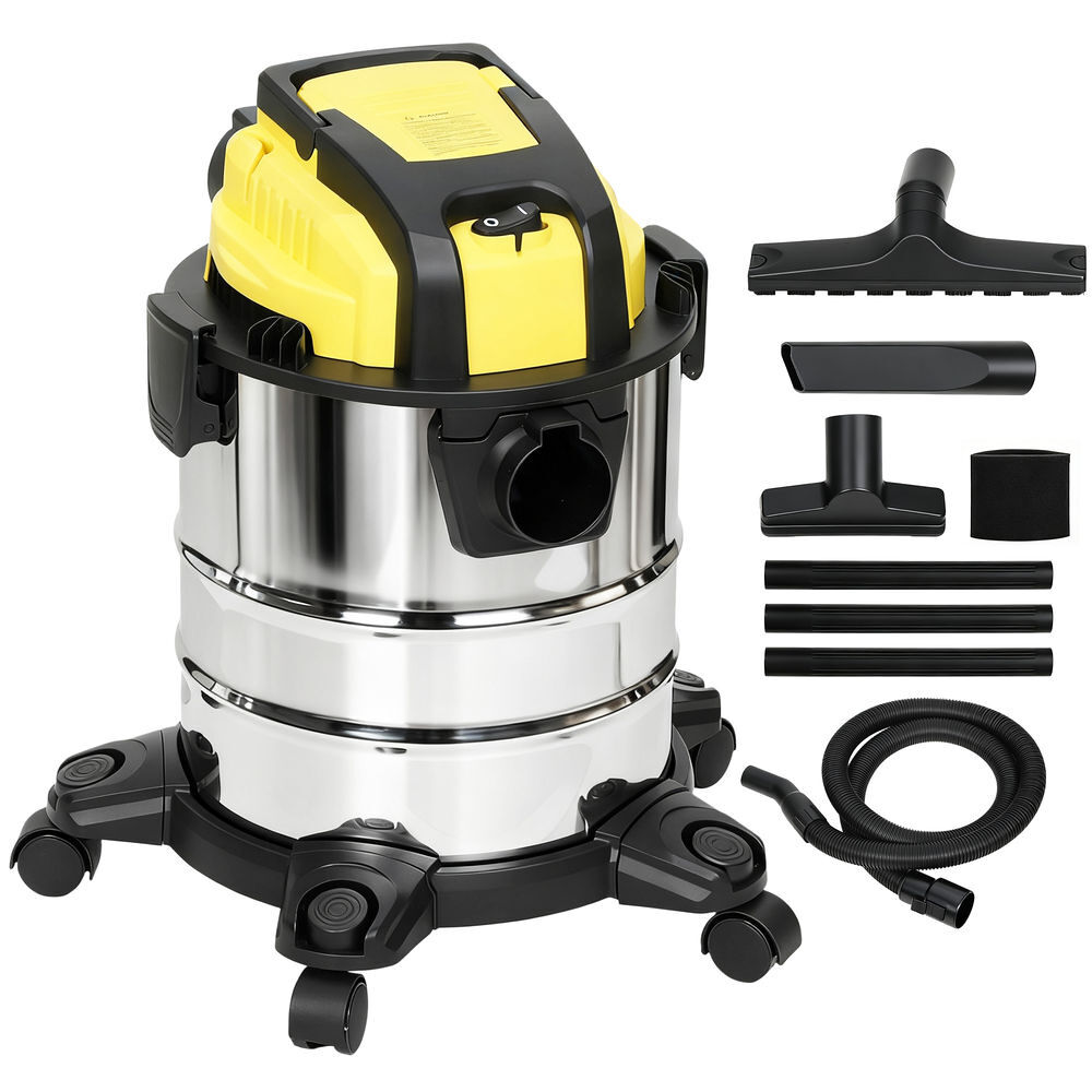 Homcom aspirador seco e húmido 3 em 1 1200w com função de soprador mangueira 2 m depósito inoxidável 20l triplo filtro bocal para pisos e fendas