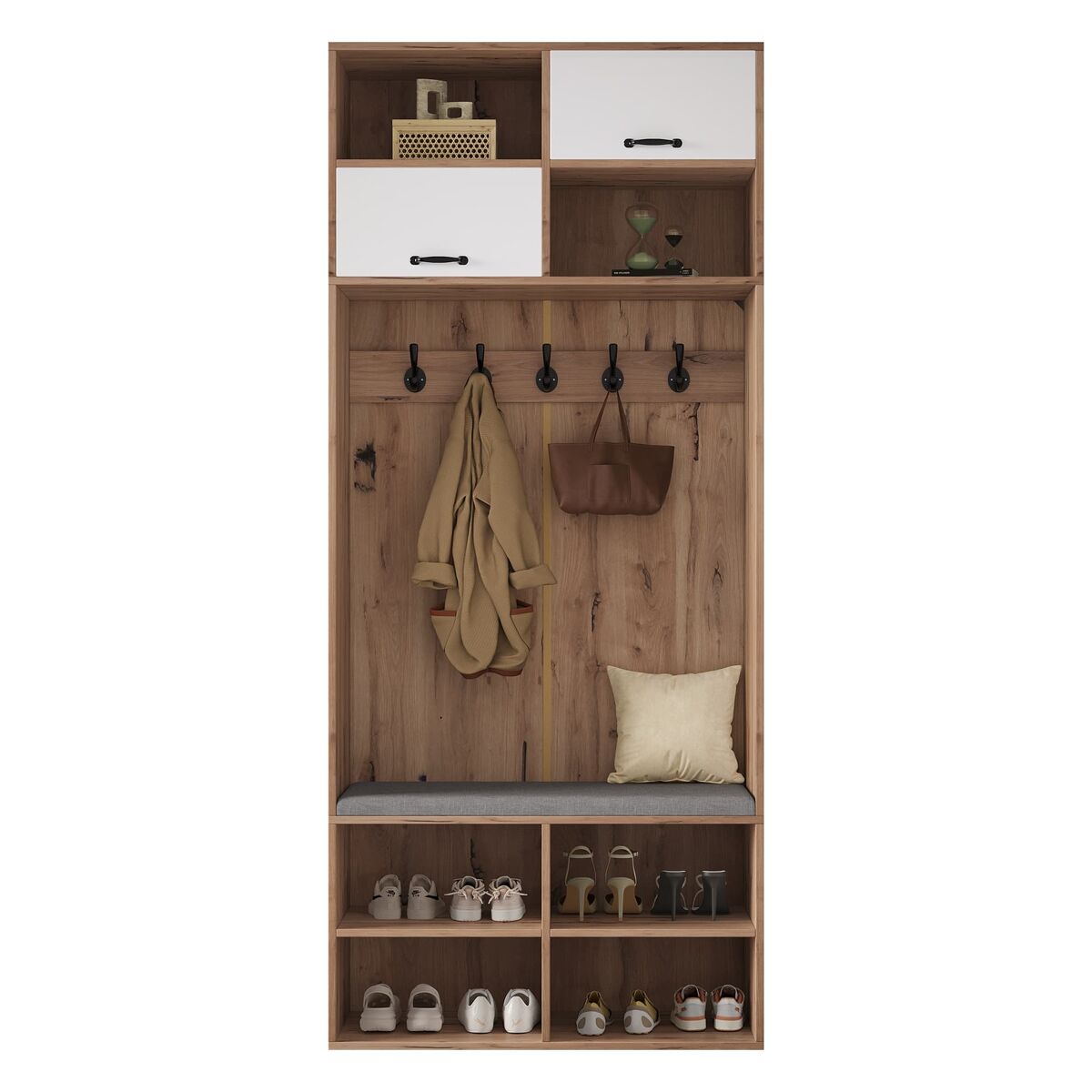 Móvel de entrada 80x185x35 cm - com assento, 5 ganchos, 2 portas e 6 compartimentos - natural+branco