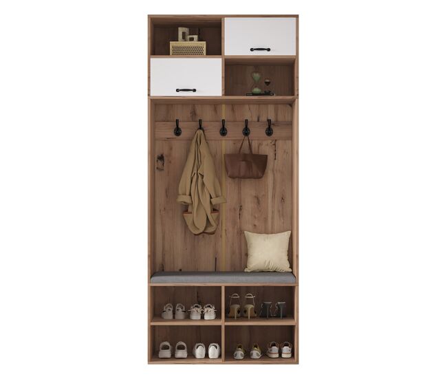 Móvel de entrada 80x185x35 cm - com assento, 5 ganchos, 2 portas e 6 compartimentos - natural+branco