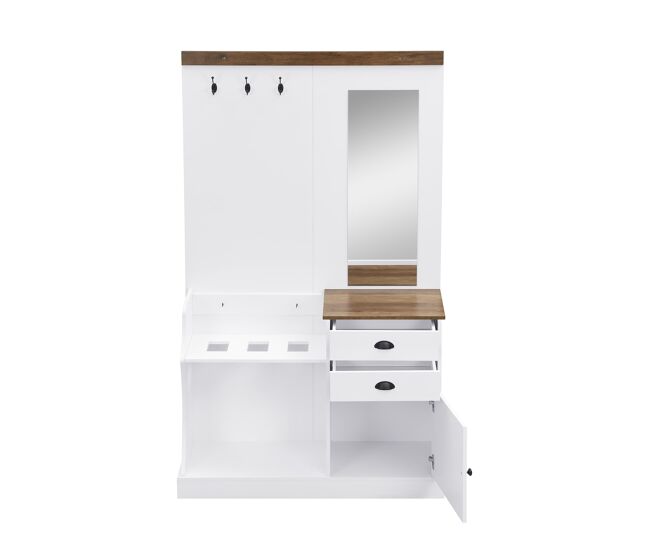 Móvel de entrada 110x38x191 cm - com espelho, ganchos, gavetas e suporte para guarda-chuvas - branco