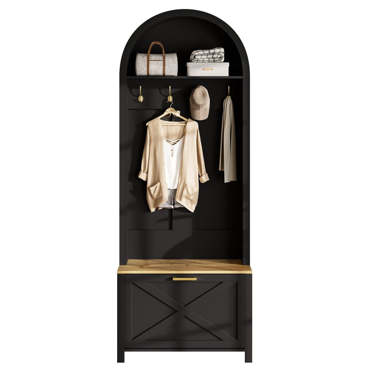 Móvel de entrada 75 l x 35 p x 195 a - prateleira para sapatos, ganchos, design moderno - preto, madeira