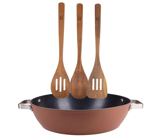 Conjunto de formas para bolo ø32x8cm em alumínio forjado + 3 utensílios de cozinha em madeira agros san ignacio
