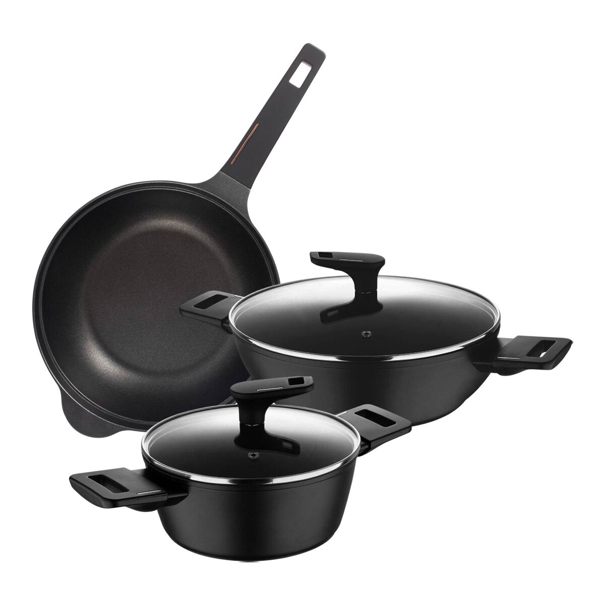 Conjunto de 2 caçarolas baixas ø20cm (2,2l) + ø28cm (4,2l) com tampas em alumínio forjado + wok ø30cm em alumínio fundido copper bergner