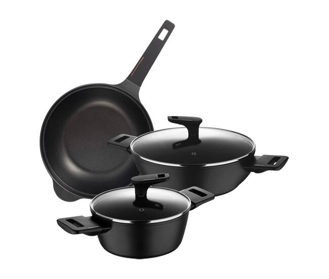 Conjunto de 2 caçarolas baixas ø20cm (2,2l) + ø28cm (4,2l) com tampas em alumínio forjado + wok ø30cm em alumínio fundido copper bergner
