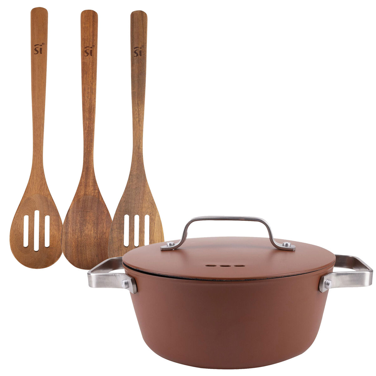 Conjunto de caçarola agros san ignacio 6l ø28x12,5cm com tampa de alumínio + 3 utensílios de cozinha de madeira