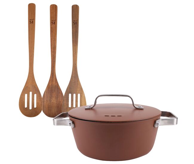 Conjunto de caçarola agros san ignacio 6l ø28x12,5cm com tampa de alumínio + 3 utensílios de cozinha de madeira