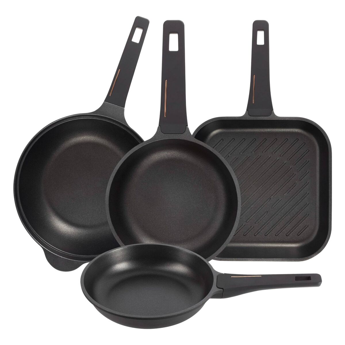 Conjunto de 2 frigideiras ø24ø28cm + grelha 28x28cm + wok ø30cm em alumínio fundido, cor preto cobre, bergner