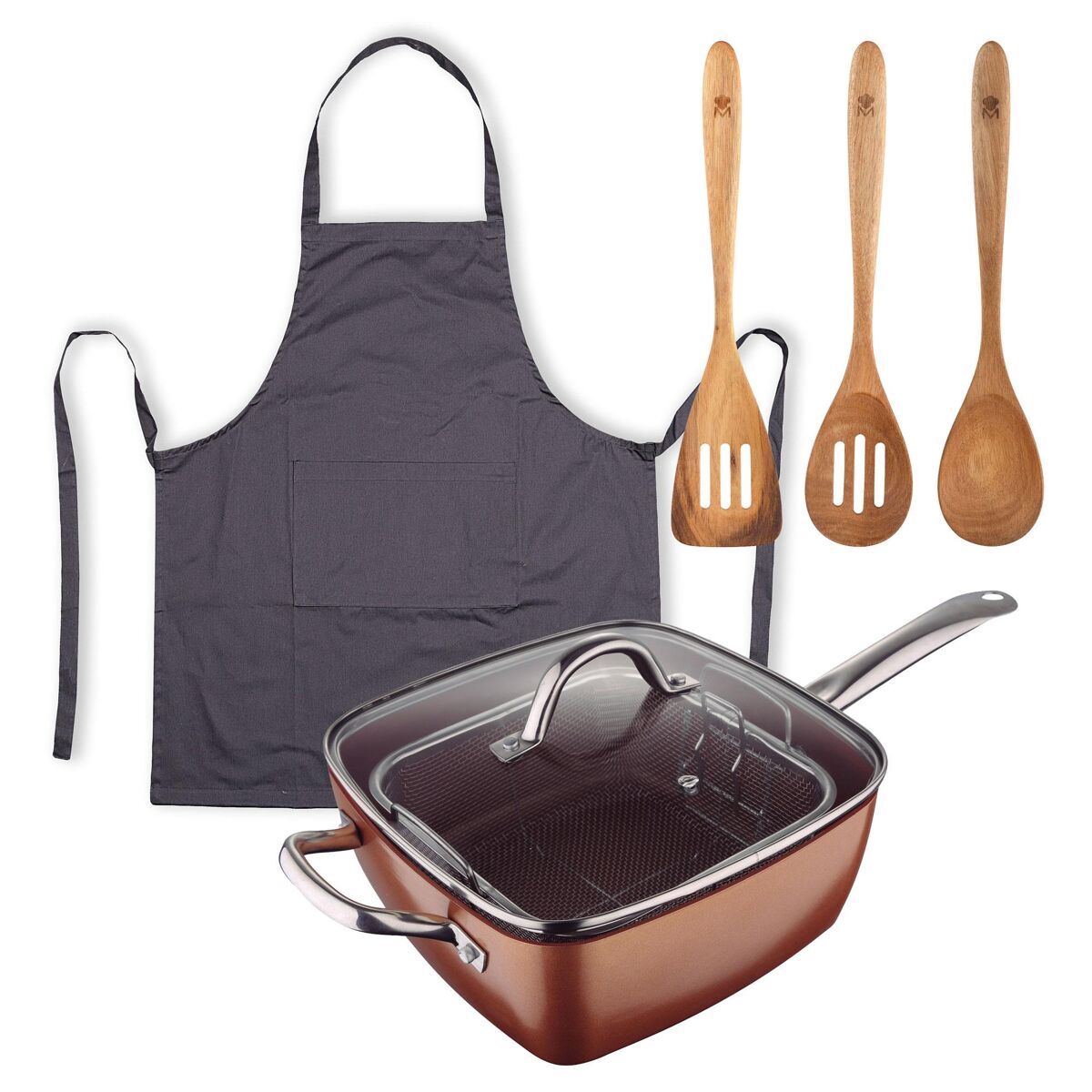 Conjunto de frigideira quadrada de alumínio prensado 24x24cm + 3 utensílios de cozinha de madeira + avental cinza 100% algodão da optimum copper