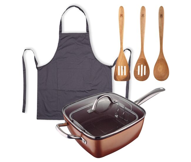 Conjunto de frigideira quadrada de alumínio prensado 24x24cm + 3 utensílios de cozinha de madeira + avental cinza 100% algodão da optimum copper