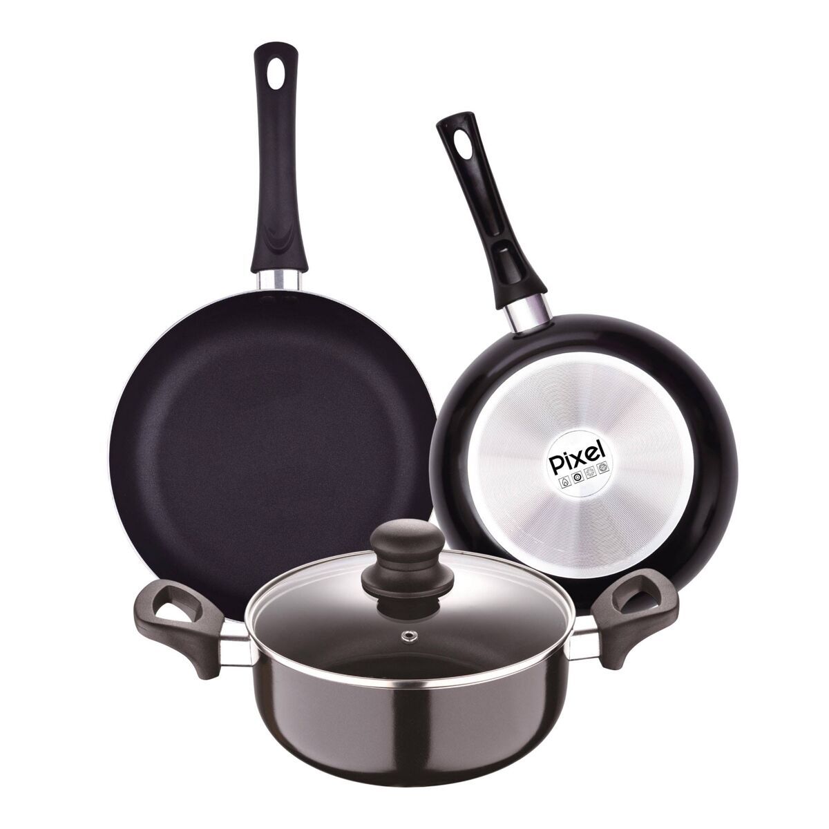 Conjunto pixel chef sauce com 2 frigideiras ø20ø24cm + panela com tampa ø24cm em alumínio prensado e antiaderente