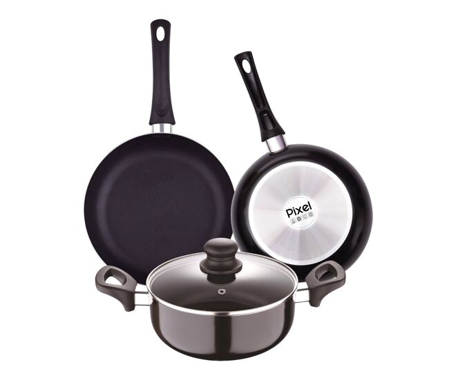 Conjunto pixel chef sauce com 2 frigideiras ø20ø24cm + panela com tampa ø24cm em alumínio prensado e antiaderente