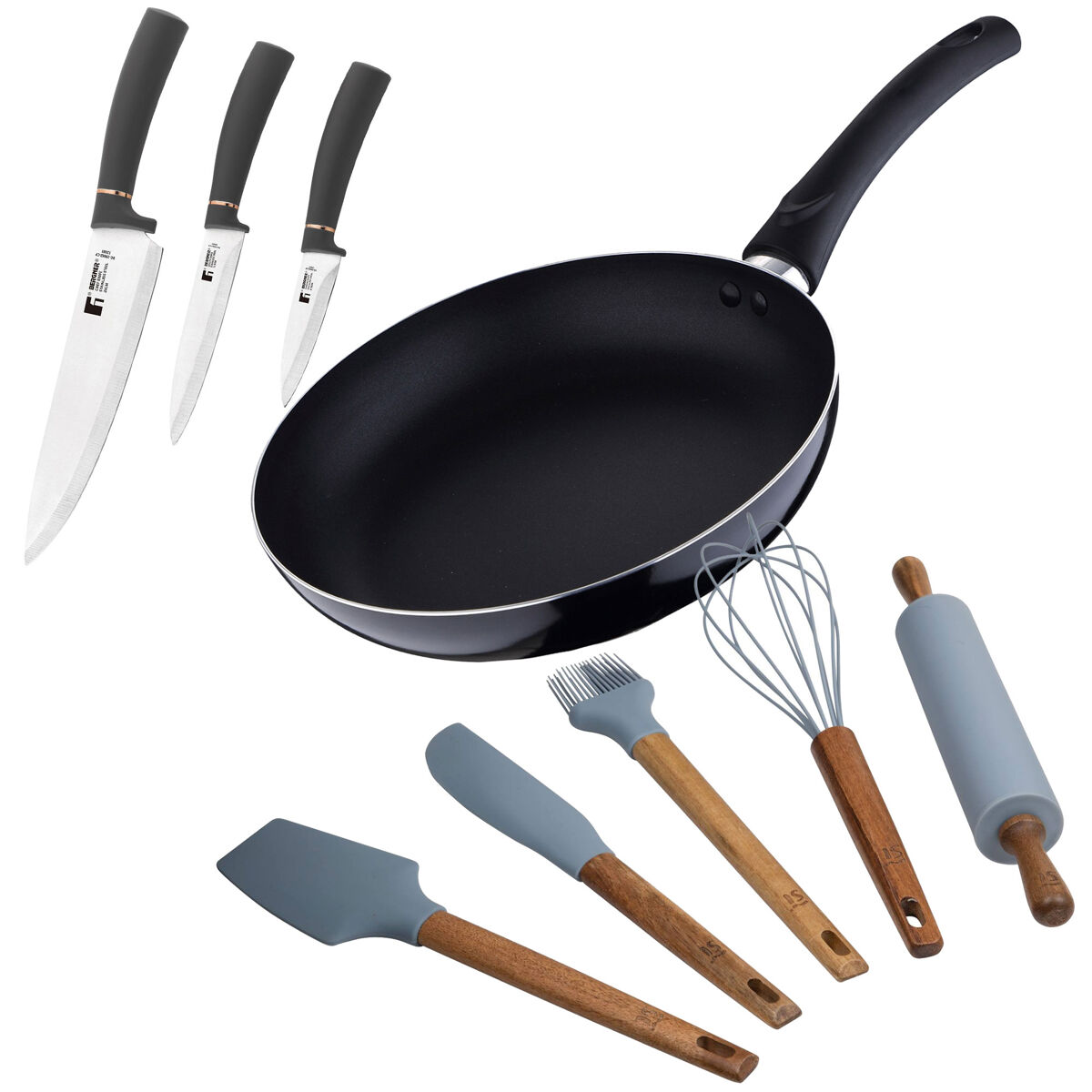Conjunto de frigideiras ø24x4,5cm em alumínio prensado + 3 facas: chef, multiuso e descascador em aço inoxidável + 5 utensílios de cozinha em silicone pixel chef sauce