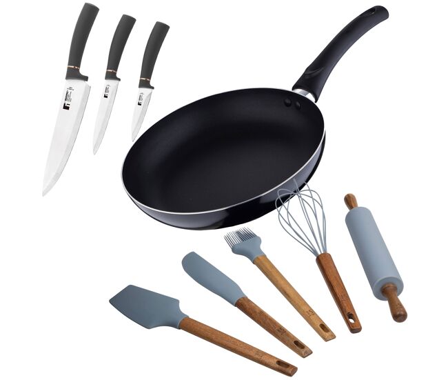 Conjunto de frigideiras ø24x4,5cm em alumínio prensado + 3 facas: chef, multiuso e descascador em aço inoxidável + 5 utensílios de cozinha em silicone