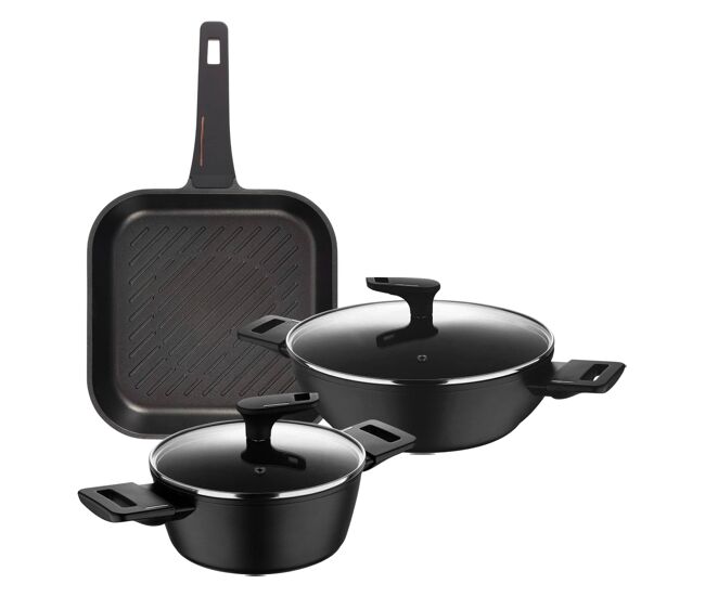 Conjunto de 2 caçarolas baixas ø20cm (2,2l) + ø28cm (4,2l) com tampas em alumínio forjado + grelha 28x28cm em alumínio fundido copper bergner