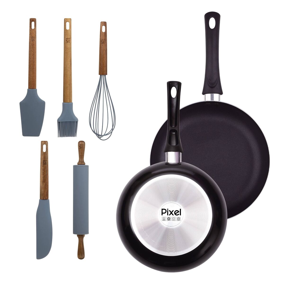 Conjunto de 2 frigideiras antiaderentes de alumínio prensado (ø20ø24cm) + conjunto de 5 utensílios de cozinha de silicone e madeira pixel chef sauce