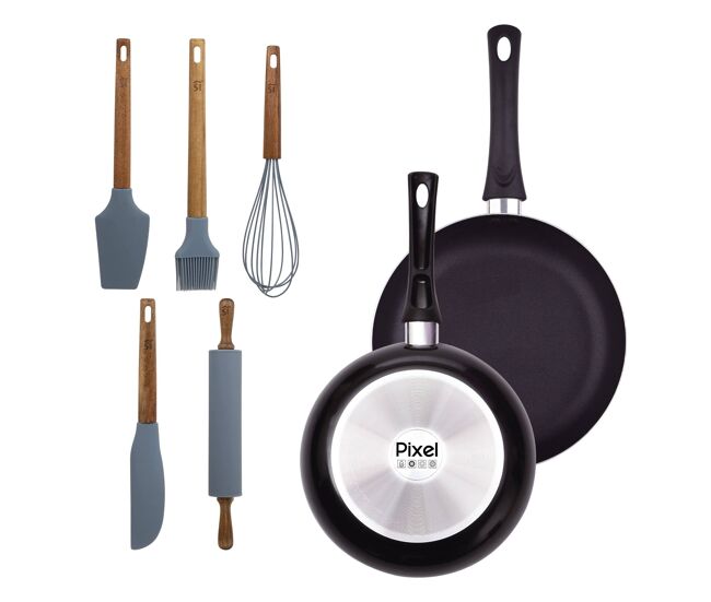 Conjunto de 2 frigideiras antiaderentes de alumínio prensado (ø20ø24cm) + conjunto de 5 utensílios de cozinha de silicone e madeira pixel chef sauce