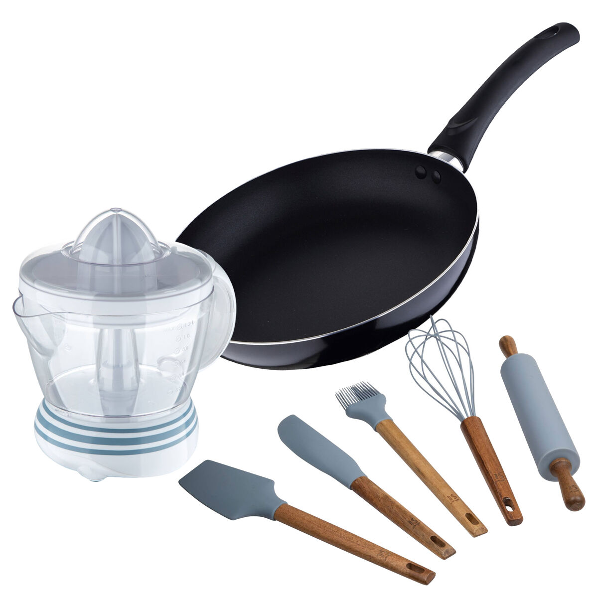 Conjunto de panela pixel chef (ø24x4,5cm) - alumínio prensado + espremedor de frutas 40w 1,2l + 5 utensílios de cozinha de silicone