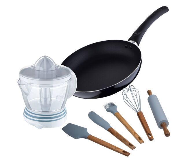 Conjunto de panela pixel chef (ø24x4,5cm) - alumínio prensado + espremedor de frutas 40w 1,2l + 5 utensílios de cozinha de silicone