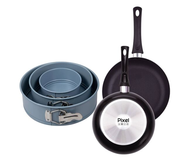 Conjunto de 2 frigideiras antiaderentes de alumínio prensado (ø20ø24cm) + conjunto de 3 formas redondas para forno (ø12ø18ø22cm) molho pixel chef