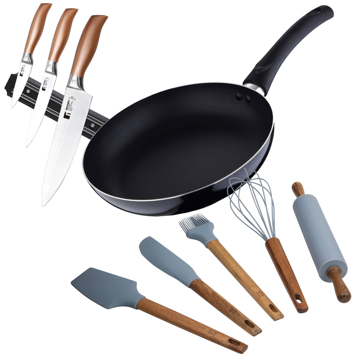 Conjunto de panela pixel chef (ø24x4,5cm) + 3 facas de aço inoxidável com suporte magnético + 5 utensílios de cozinha de silicone