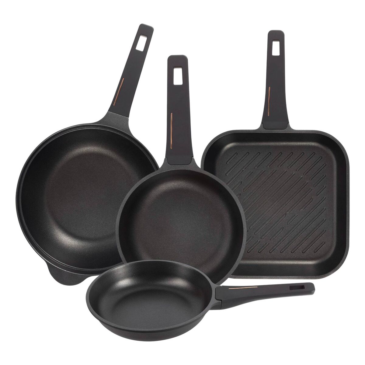 Conjunto bergner com 2 frigideiras ø20ø24cm + grelha 28x28cm + wok ø30cm em alumínio fundido nas cores cobre e preto.