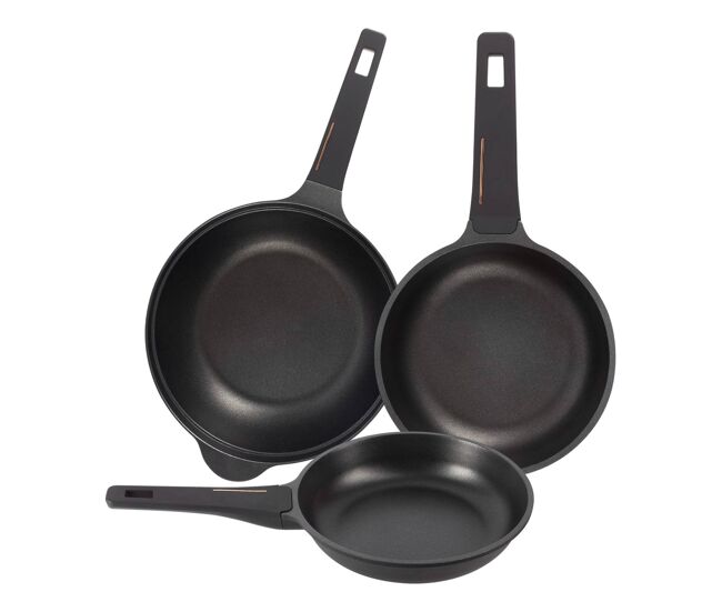 Conjunto de 2 frigideiras ø24ø28cm + wok ø30cm em alumínio fundido, cor preto cobre, bergner