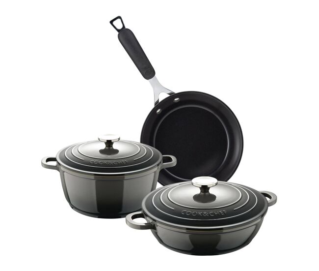 Conjunto de panelas de alumínio excalibur bergner: caçarola de 20 cm (2,4 l) e caçarola baixa de 24 cm (2,3 l) + frigideira de alumínio forjado de 24
