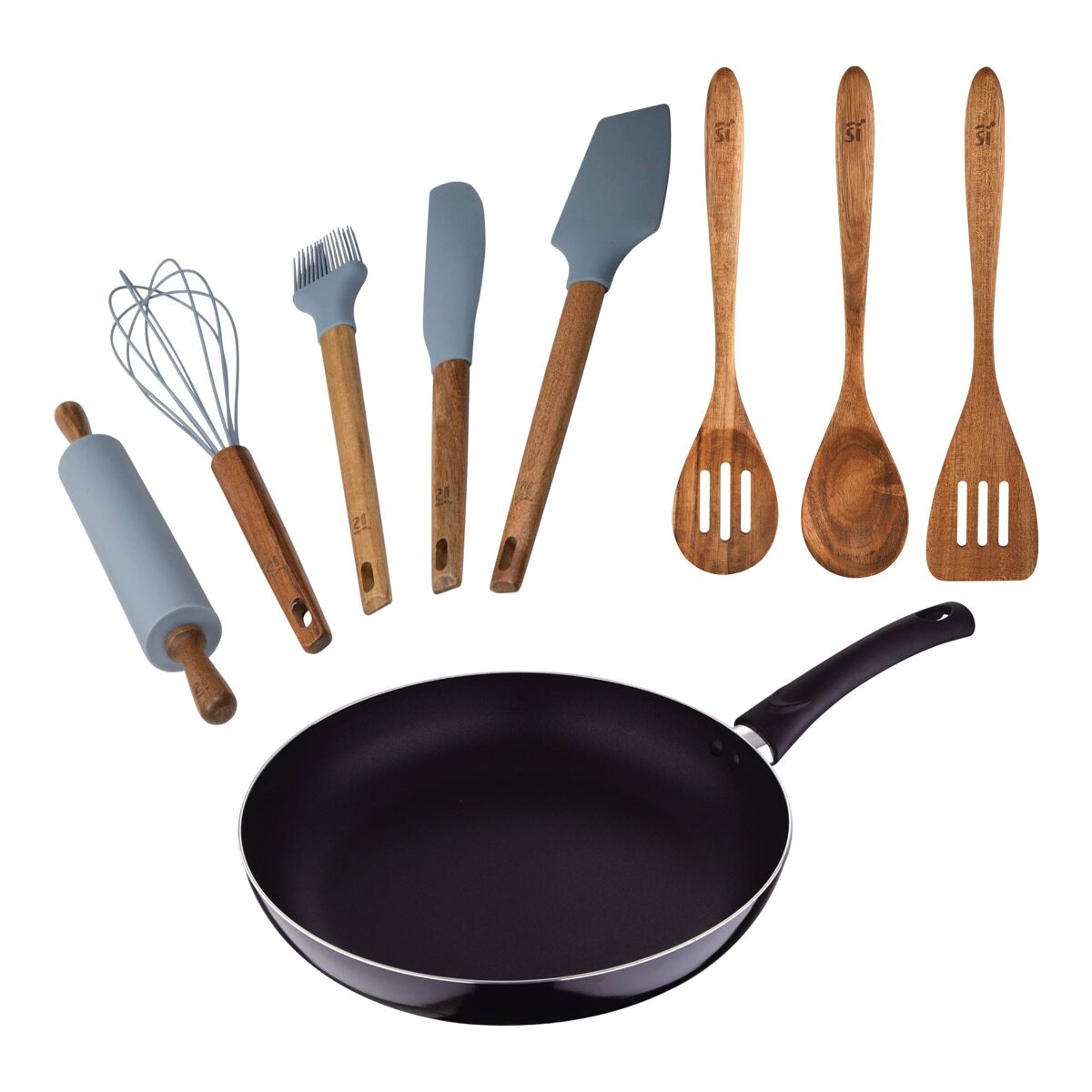 Conjunto de panelas pixel chef (ø24x4,5cm) em alumínio prensado + conjunto de 3 utensílios de cozinha em madeira + conjunto de 5 utensílios de cozinha